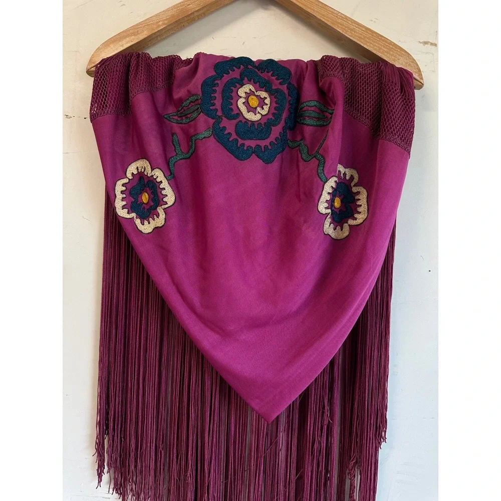 Vintage rayon embroidered fringe piano shawl